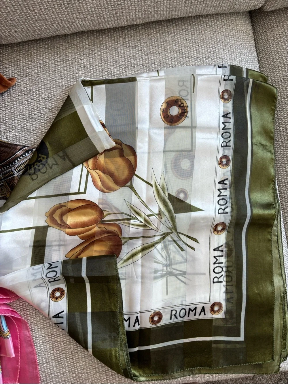 Set of (5) silky scarves purchased in various countries Italy Argentina France